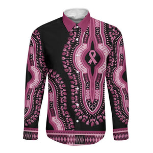 Breast Cancer Awareness Pink Ribbon Afro Long Sleeve Button Shirt Dashiki Style - African Pride