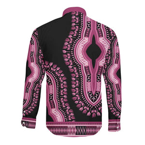 Breast Cancer Awareness Pink Ribbon Afro Long Sleeve Button Shirt Dashiki Style - African Pride