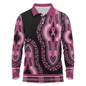 Breast Cancer Awareness Pink Ribbon Afro Long Sleeve Polo Shirt Dashiki Style - African Pride