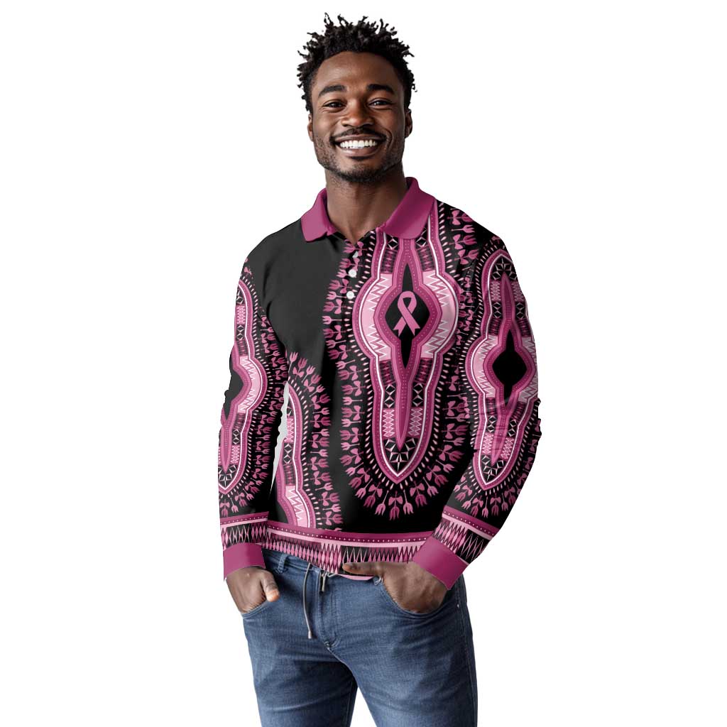 Breast Cancer Awareness Pink Ribbon Afro Long Sleeve Polo Shirt Dashiki Style - African Pride