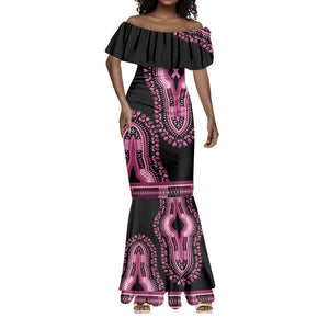 Breast Cancer Awareness Pink Ribbon Afro Mermaid Dress Dashiki Style - African Pride