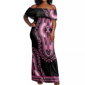 Breast Cancer Awareness Pink Ribbon Afro Off Shoulder Maxi Dress Dashiki Style - African Pride