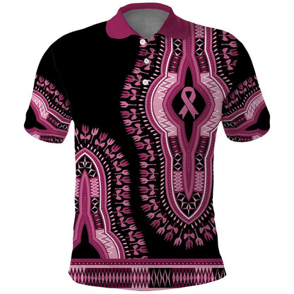 Breast Cancer Awareness Pink Ribbon Afro Polo Shirt Dashiki Style - African Pride