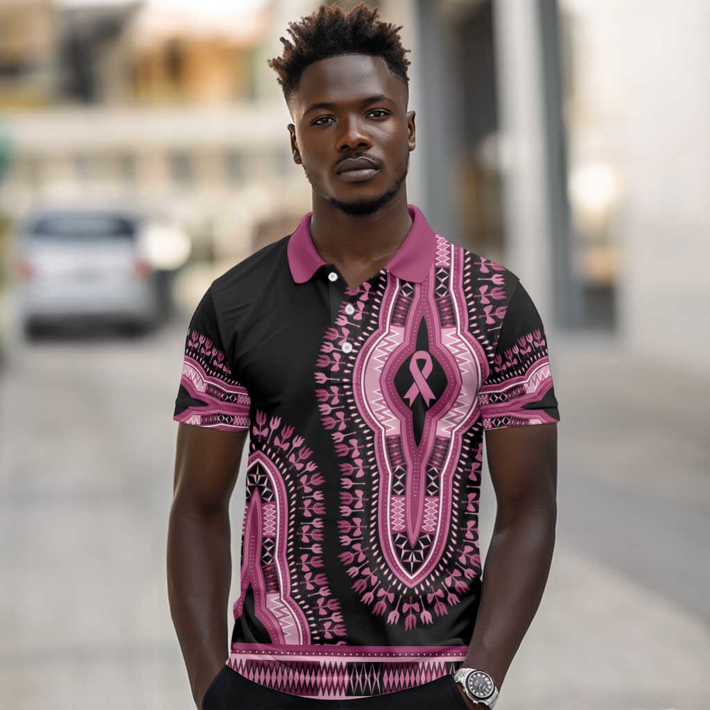 Breast Cancer Awareness Pink Ribbon Afro Polo Shirt Dashiki Style - African Pride