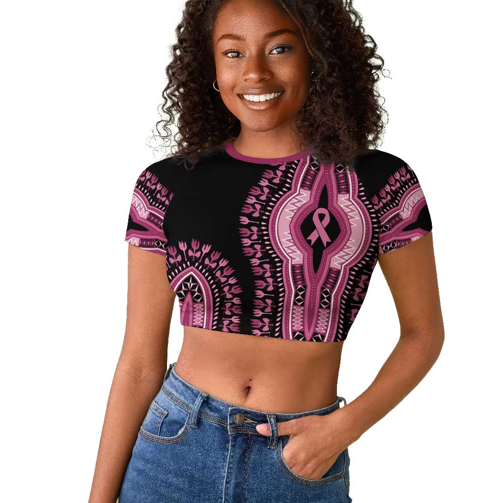 Breast Cancer Awareness Pink Ribbon Afro Raglan Cropped T shirt Dashiki Style - African Pride
