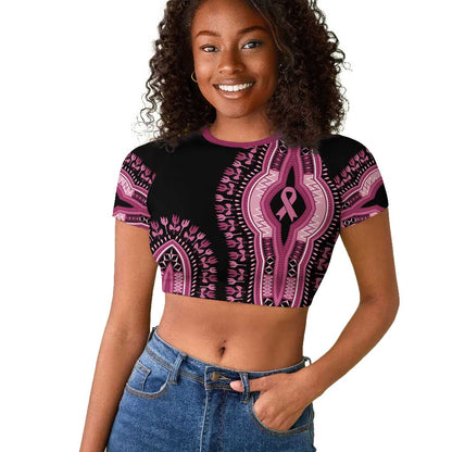 Breast Cancer Awareness Pink Ribbon Afro Raglan Cropped T shirt Dashiki Style - African Pride