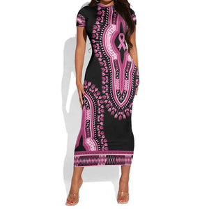 Breast Cancer Awareness Pink Ribbon Afro Short Sleeve Bodycon Dress Dashiki Style - African Pride
