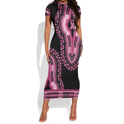 Breast Cancer Awareness Pink Ribbon Afro Short Sleeve Bodycon Dress Dashiki Style - African Pride