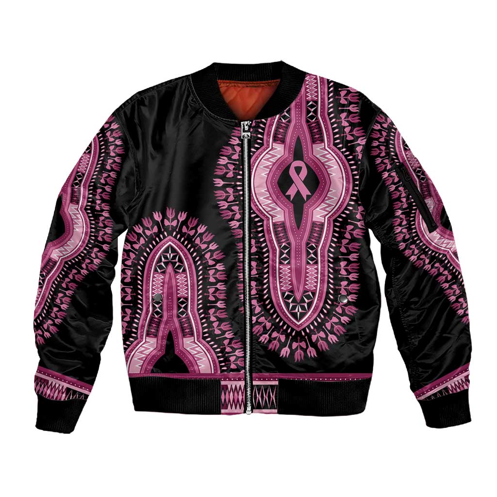 Breast Cancer Awareness Pink Ribbon Afro Sleeve Zip Bomber Jacket Dashiki Style - African Pride