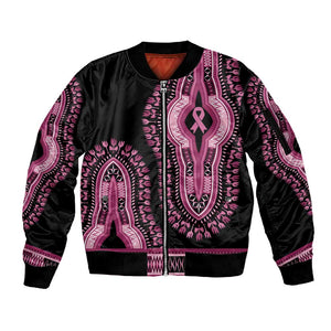 Breast Cancer Awareness Pink Ribbon Afro Sleeve Zip Bomber Jacket Dashiki Style - African Pride
