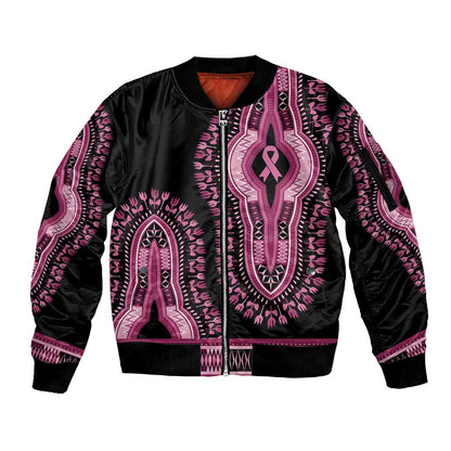 Breast Cancer Awareness Pink Ribbon Afro Sleeve Zip Bomber Jacket Dashiki Style - African Pride