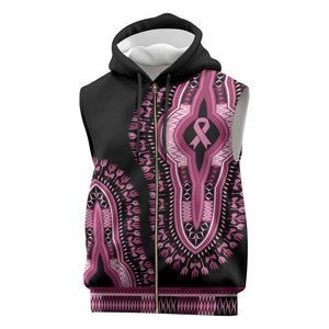 Breast Cancer Awareness Pink Ribbon Afro Sleeveless Zip Hoodie Dashiki Style - African Pride