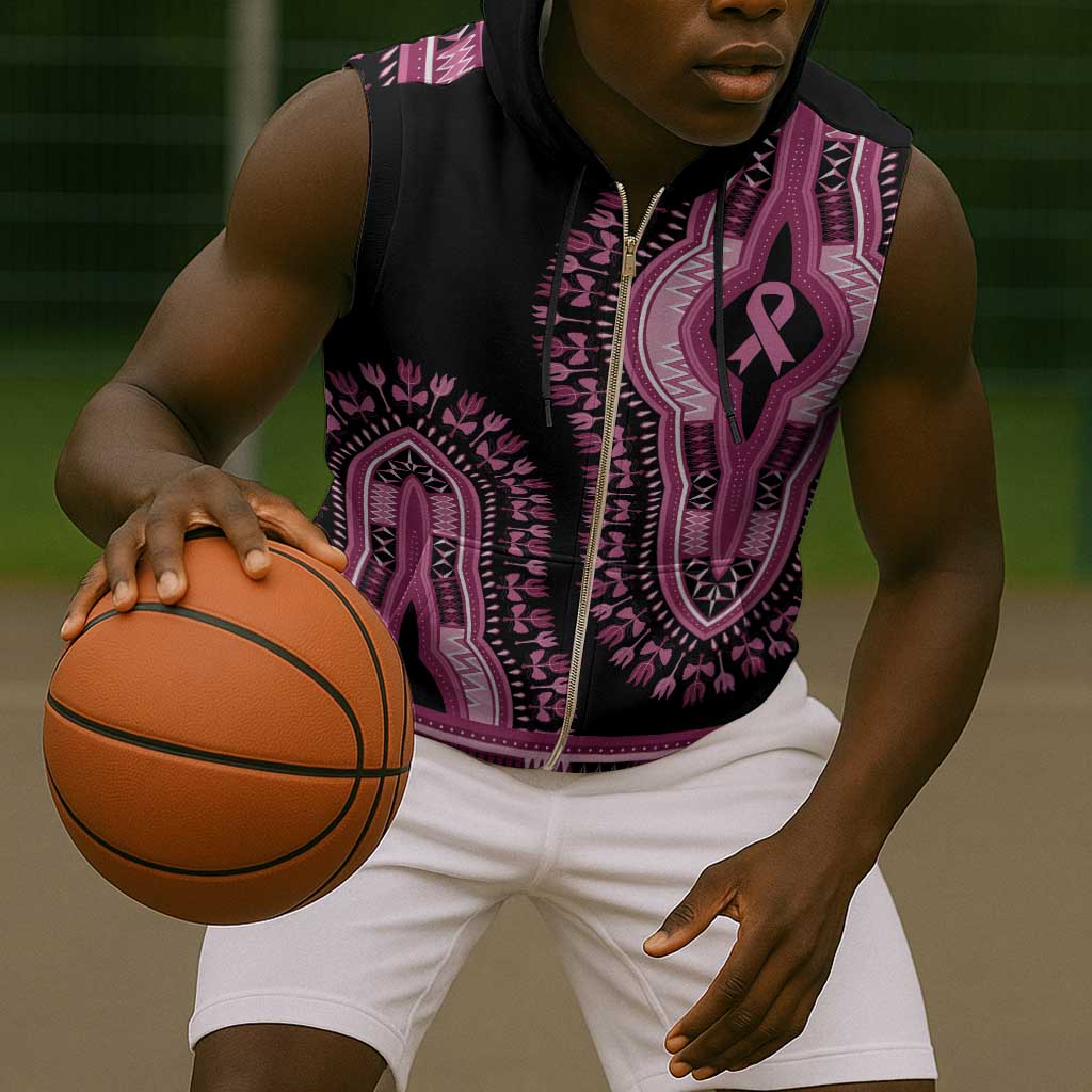 Breast Cancer Awareness Pink Ribbon Afro Sleeveless Zip Hoodie Dashiki Style - African Pride