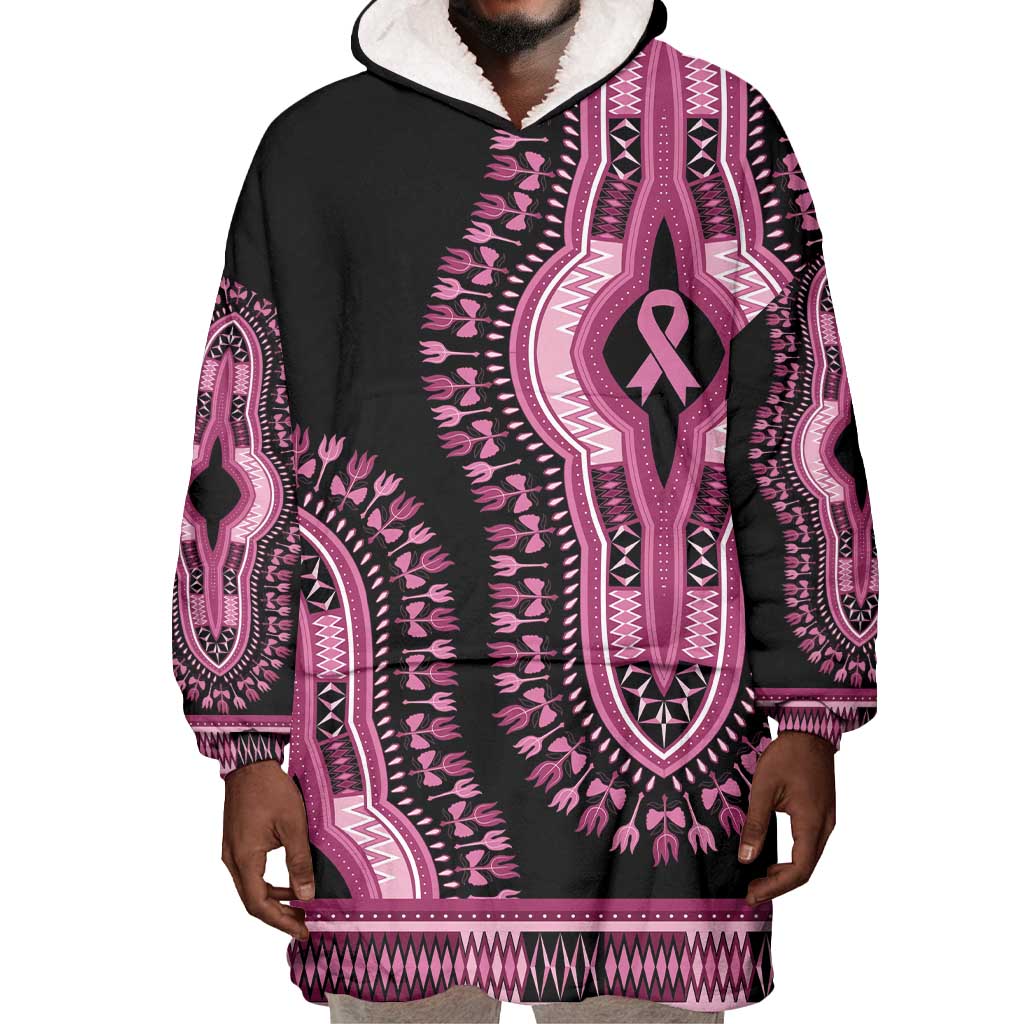 Breast Cancer Awareness Pink Ribbon Afro Wearable Blanket Hoodie Dashiki Style - African Pride