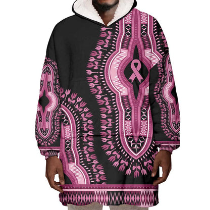 Breast Cancer Awareness Pink Ribbon Afro Wearable Blanket Hoodie Dashiki Style - African Pride