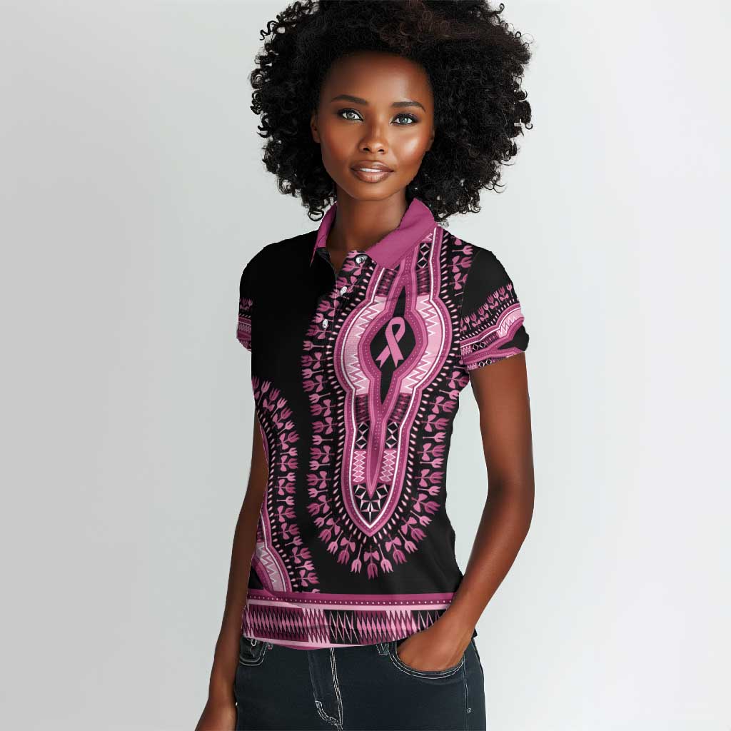 Breast Cancer Awareness Pink Ribbon Afro Women Polo Shirt Dashiki Style - African Pride