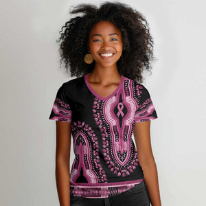 Breast Cancer Awareness Pink Ribbon Afro Women V-Neck T-Shirt Dashiki Style - African Pride