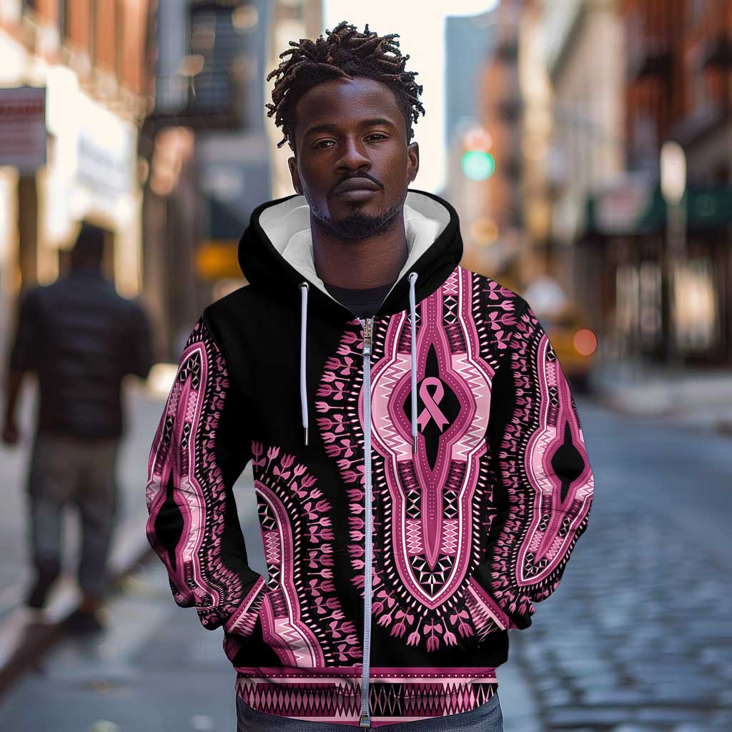 Breast Cancer Awareness Pink Ribbon Afro Zip Hoodie Dashiki Style - African Pride
