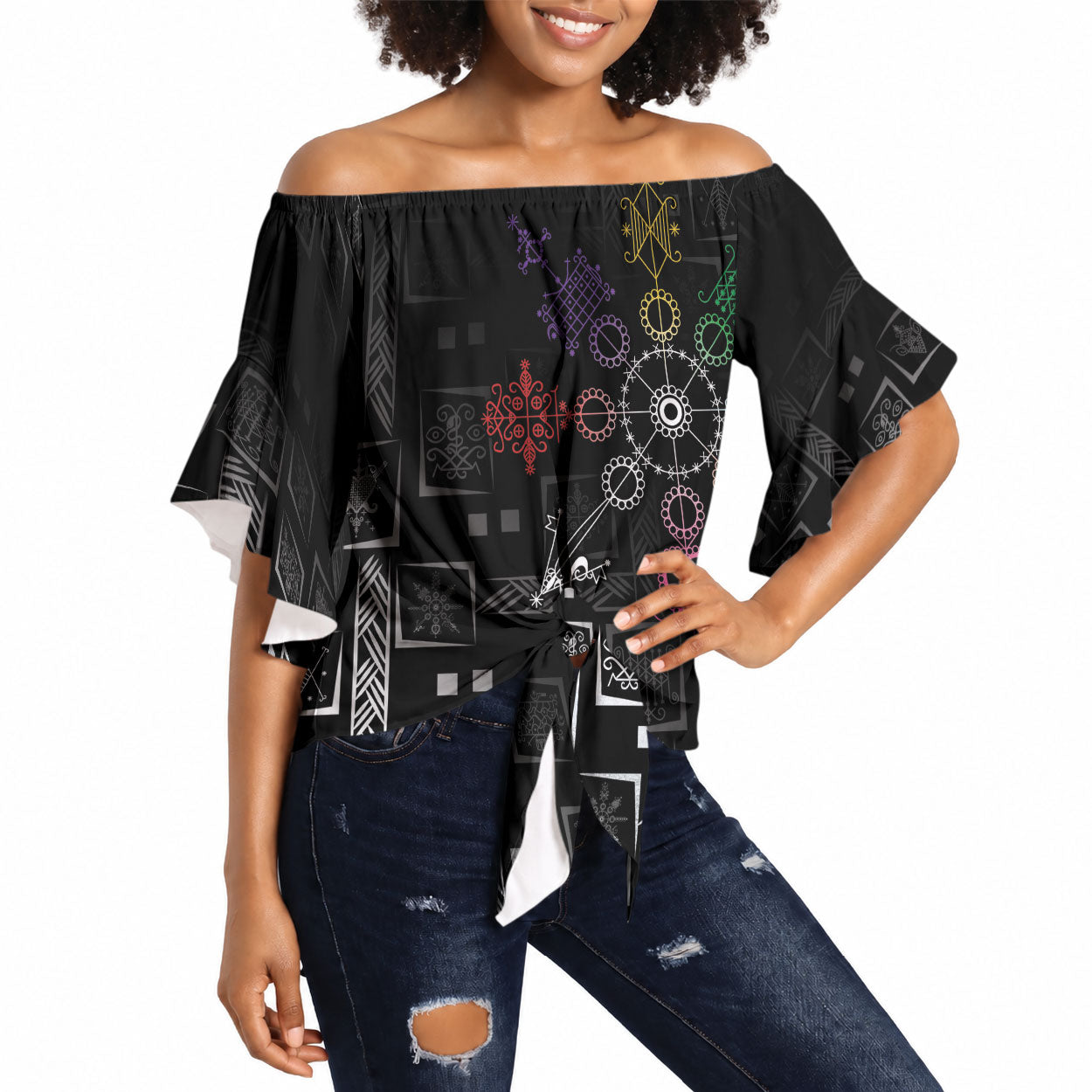Afro Haiti Vodou Milokan Off Shoulder Wrap Waist Top