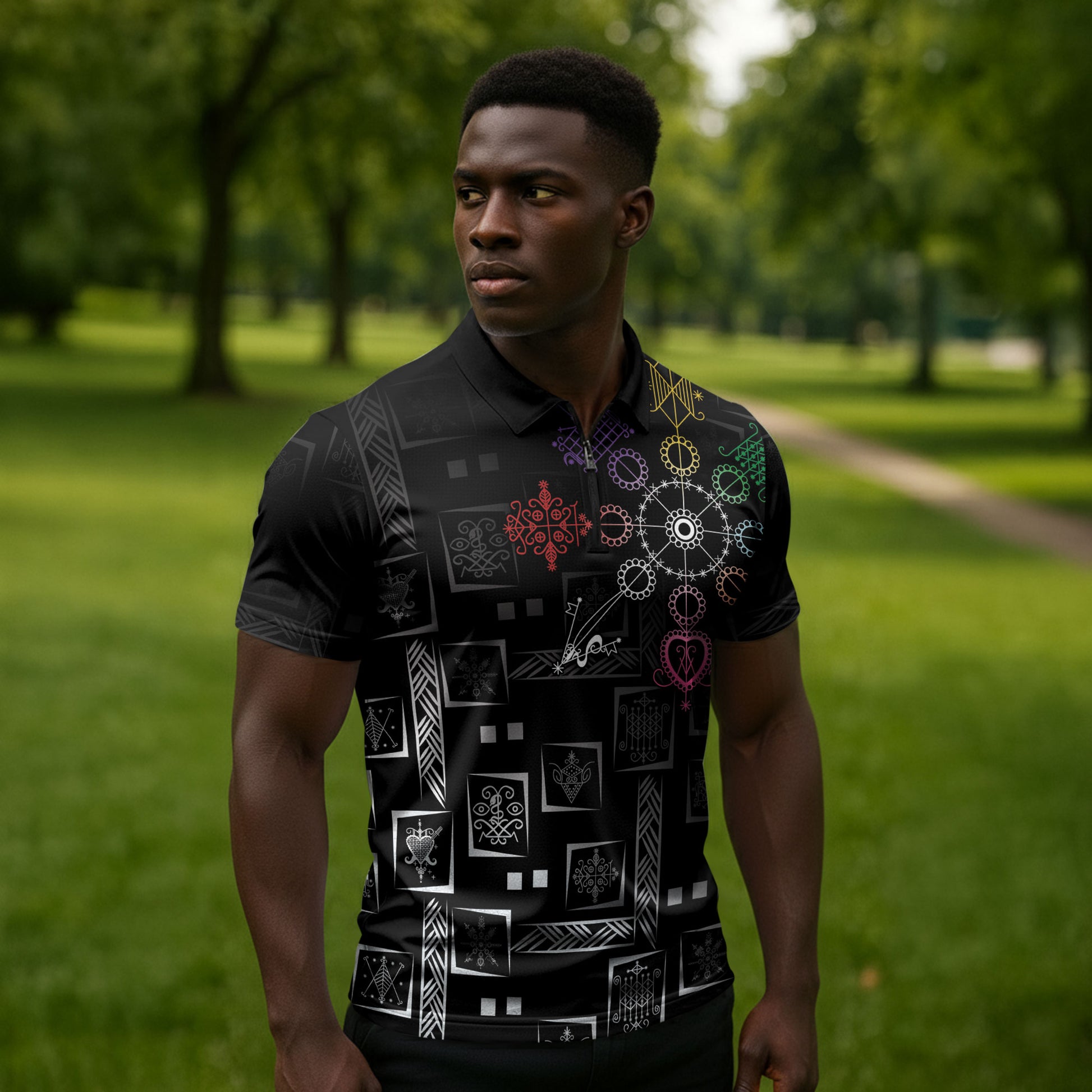 Afro Haiti Vodou Milokan Zipper Polo Shirt