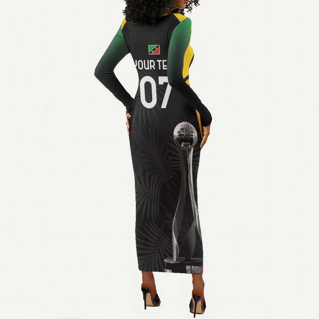 St Kitts and Nevis Cricket Custom Afro Long Sleeve Bodycon Dress Go Patriots Go Champions - African Pride