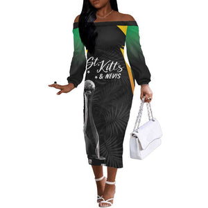 St Kitts and Nevis Cricket Custom Afro Off The Shoulder Long Sleeve Dress Go Patriots Go Champions - African Pride