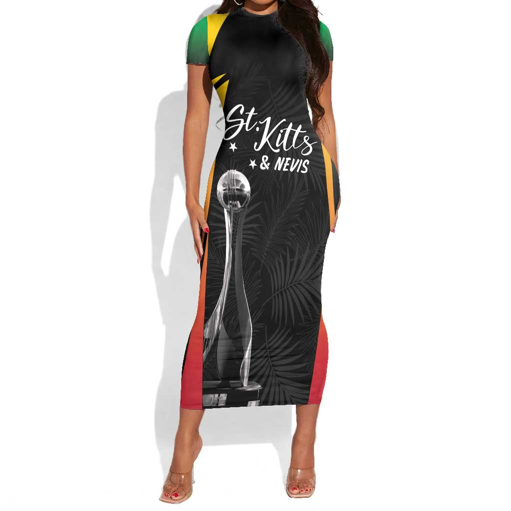 St Kitts and Nevis Cricket Custom Afro Short Sleeve Bodycon Dress Go Patriots Go Champions - African Pride