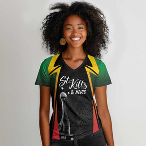 St Kitts and Nevis Cricket Custom Afro Women V-Neck T-Shirt Go Patriots Go Champions - African Pride