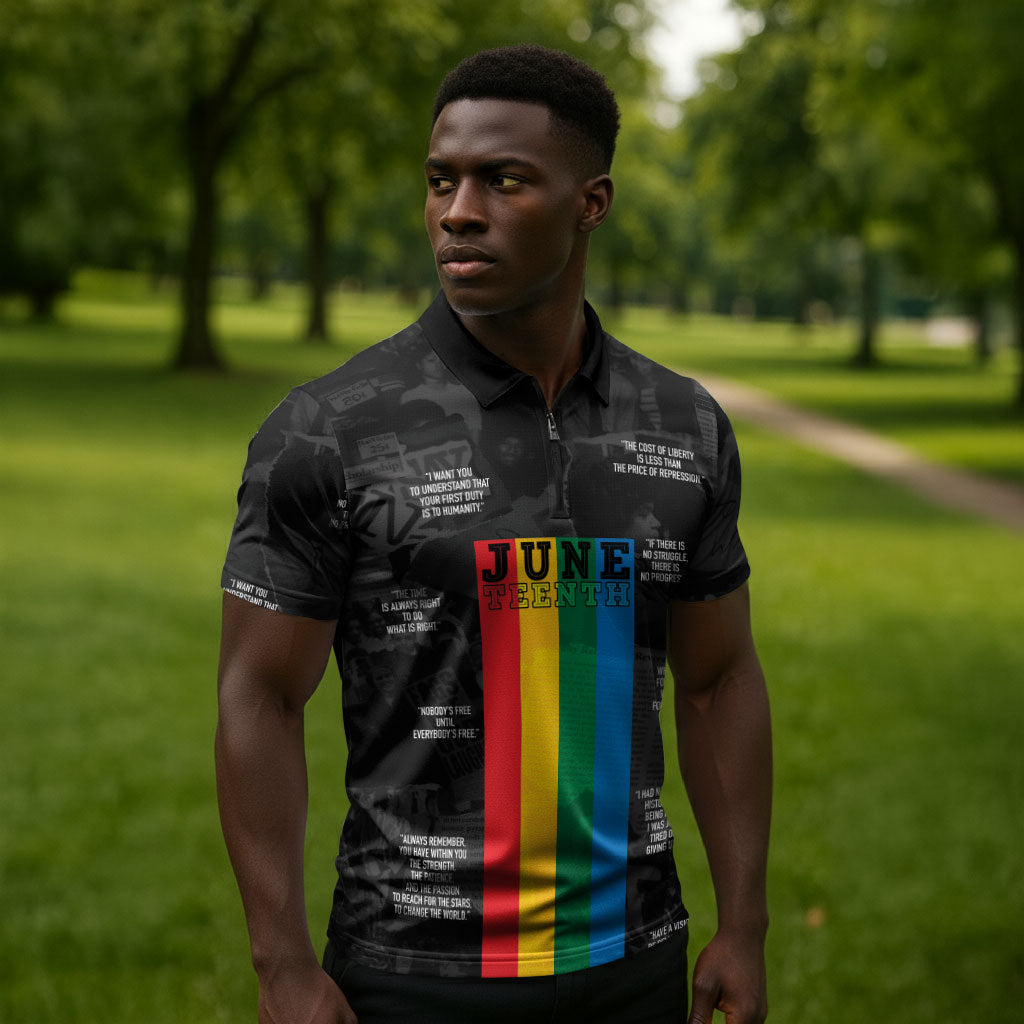 Juneteenth 2026 Black History Zipper Polo Shirt Freedom Quotes Collage