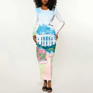 Chucks N Pearls 2024 Long Sleeve Bodycon Dress Pink Green Rocking The World LT7