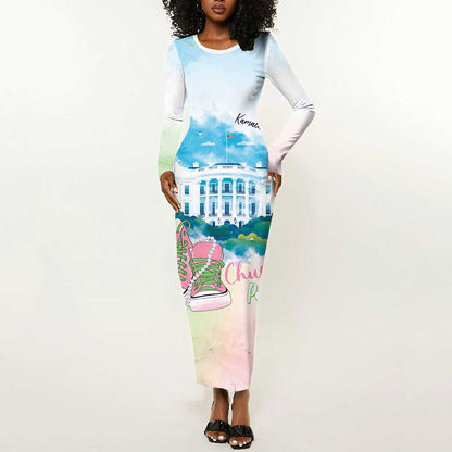 Chucks N Pearls 2024 Long Sleeve Bodycon Dress Pink Green Rocking The World LT7