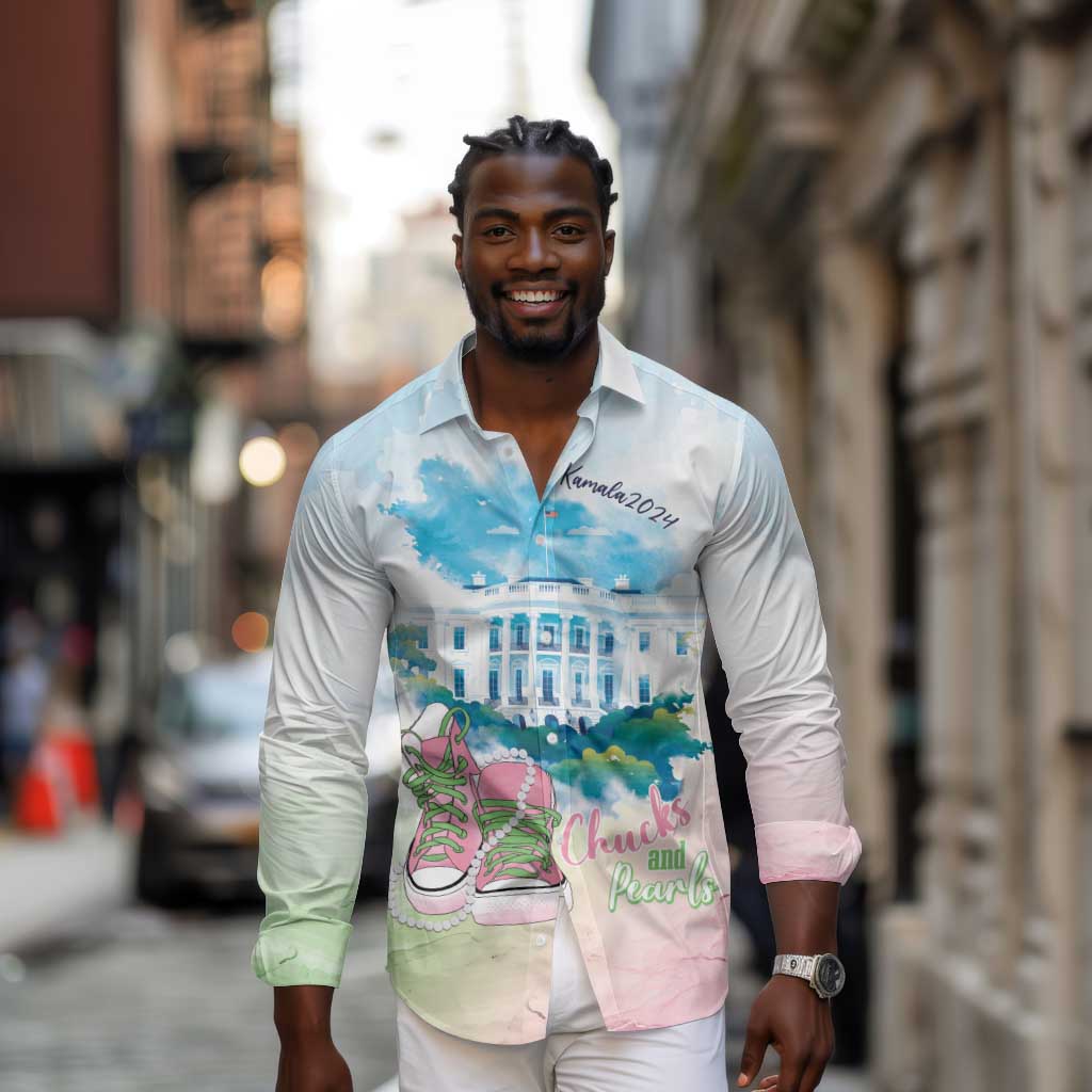 Chucks N Pearls 2024 Long Sleeve Button Shirt Pink Green Rocking The World