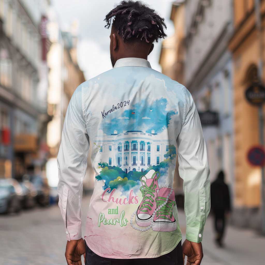 Chucks N Pearls 2024 Long Sleeve Button Shirt Pink Green Rocking The World