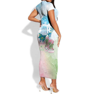 Chucks N Pearls 2024 Short Sleeve Bodycon Dress Pink Green Rocking The World LT7