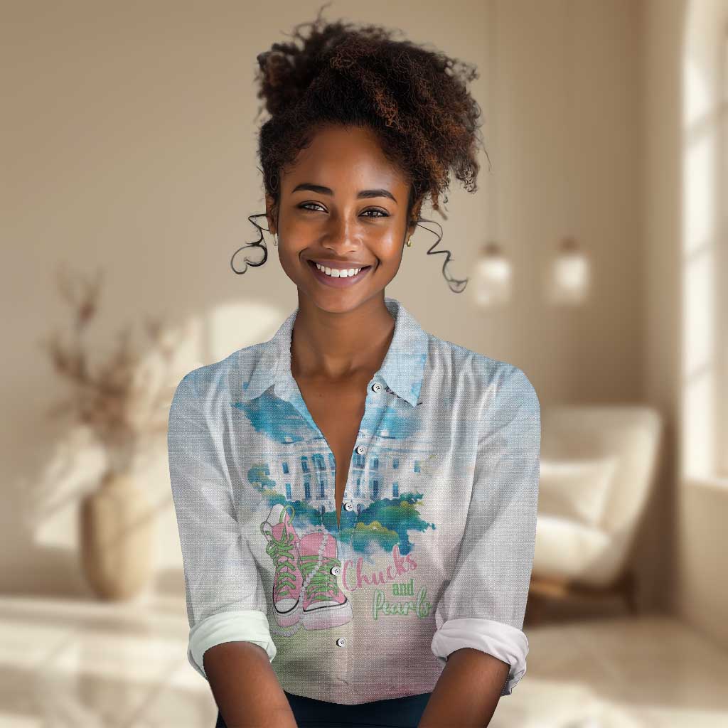 Chucks N Pearls 2024 Women Casual Shirt Pink Green Rocking The World LT7