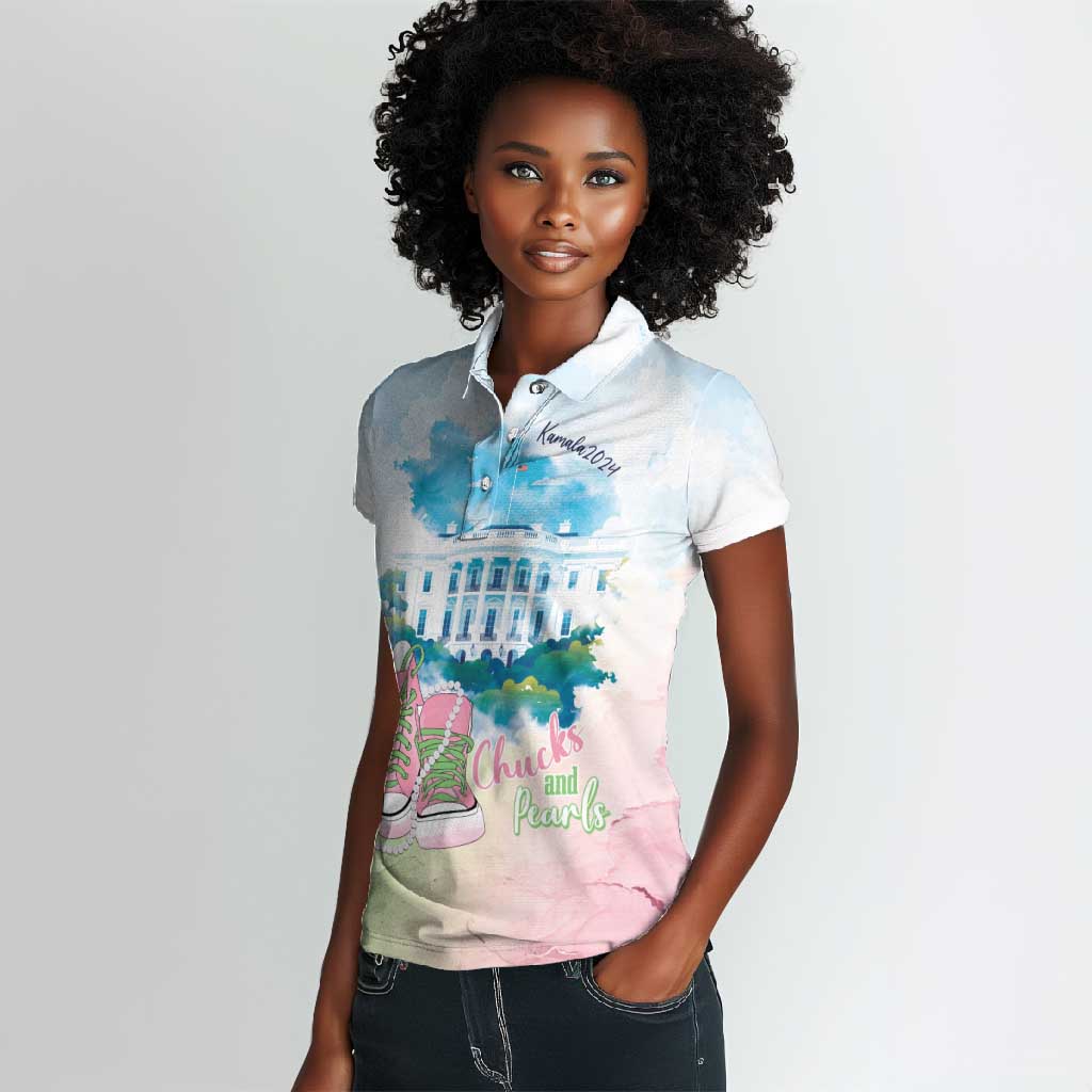 Chucks N Pearls 2024 Women Polo Shirt Pink Green Rocking The World