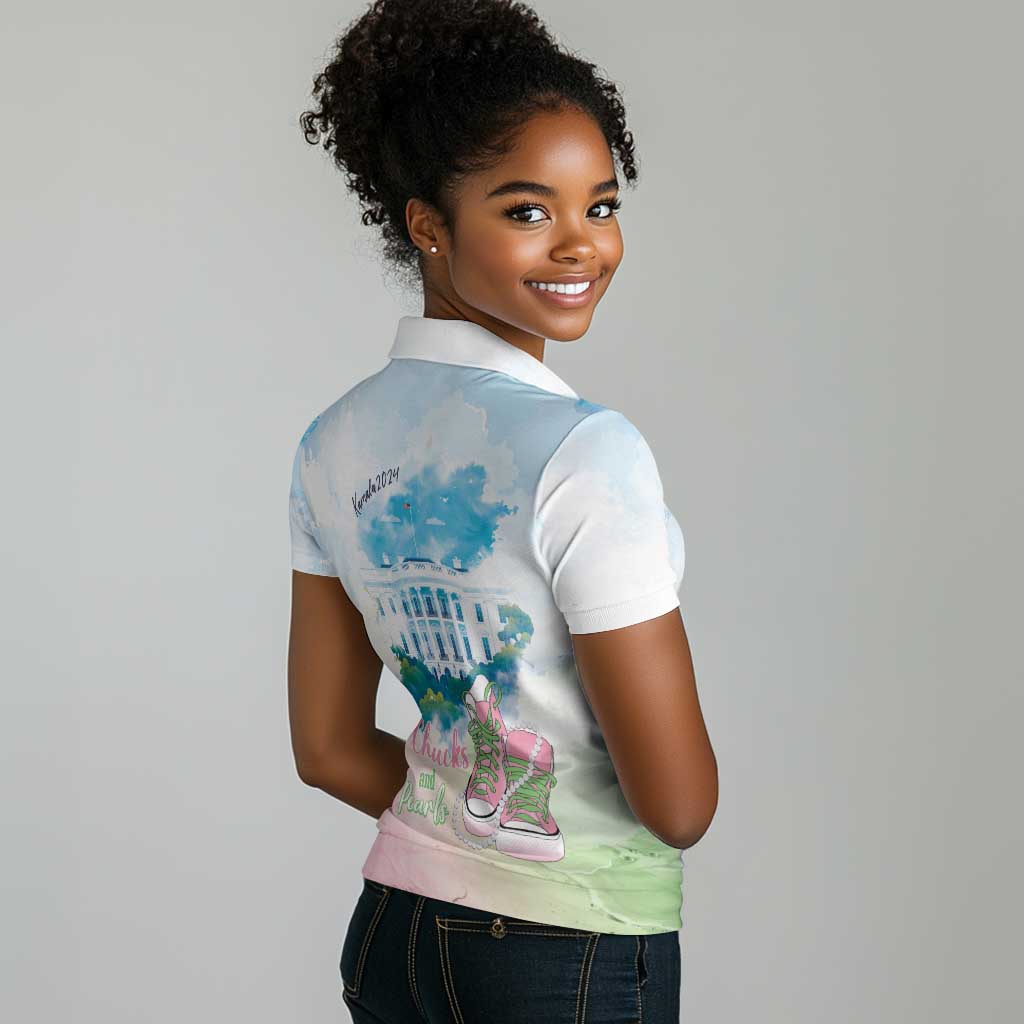 Chucks N Pearls 2024 Women Polo Shirt Pink Green Rocking The World