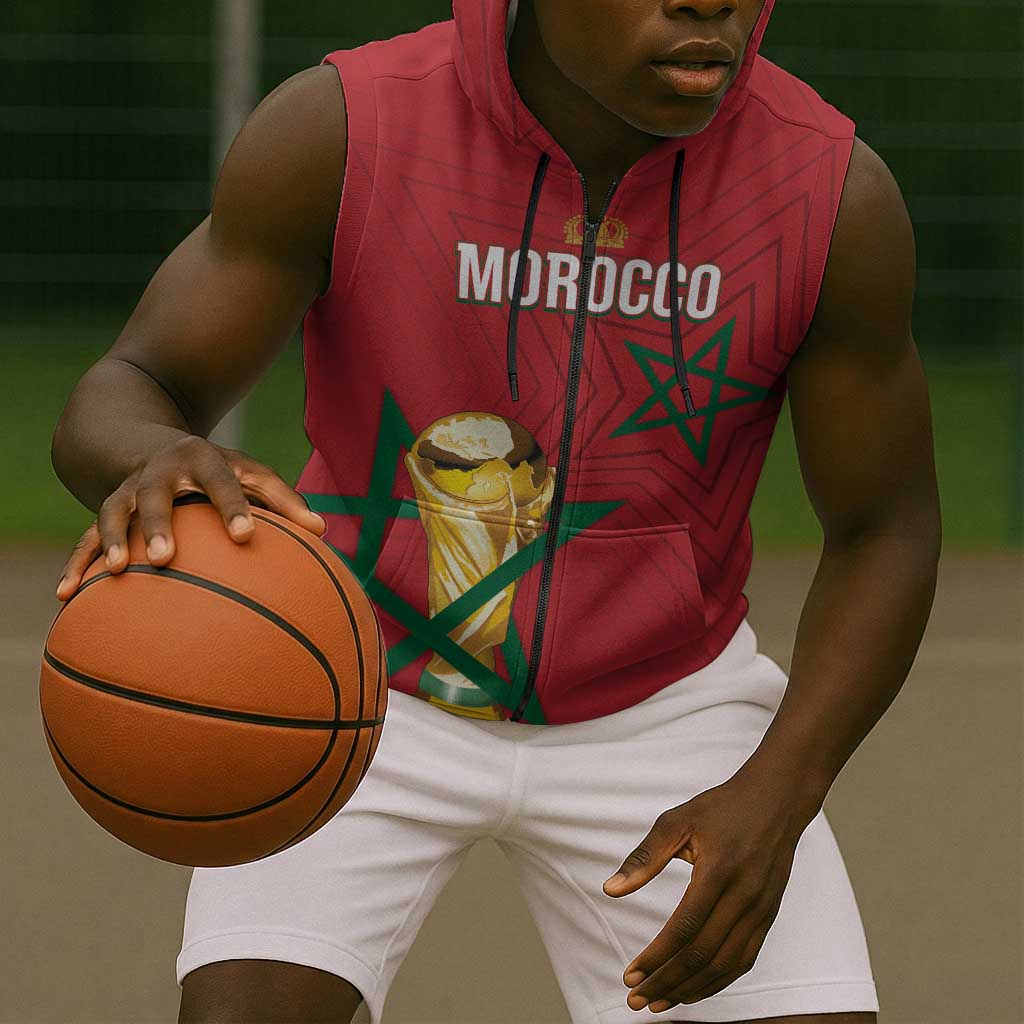 Morocco Football WC2026 Custom Sleeveless Zip Hoodie Atlas Lions - Conquer The World - African Pride