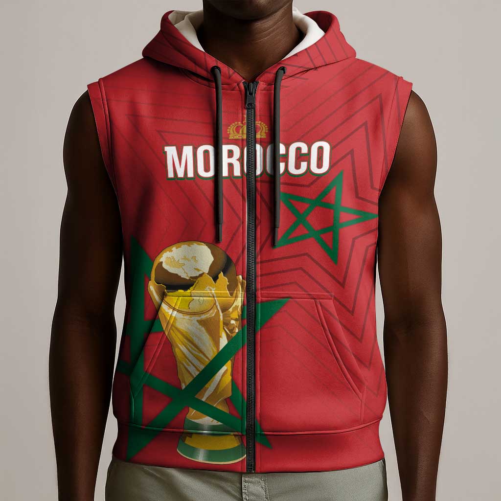 Morocco Football WC2026 Custom Sleeveless Zip Hoodie Atlas Lions - Conquer The World - African Pride