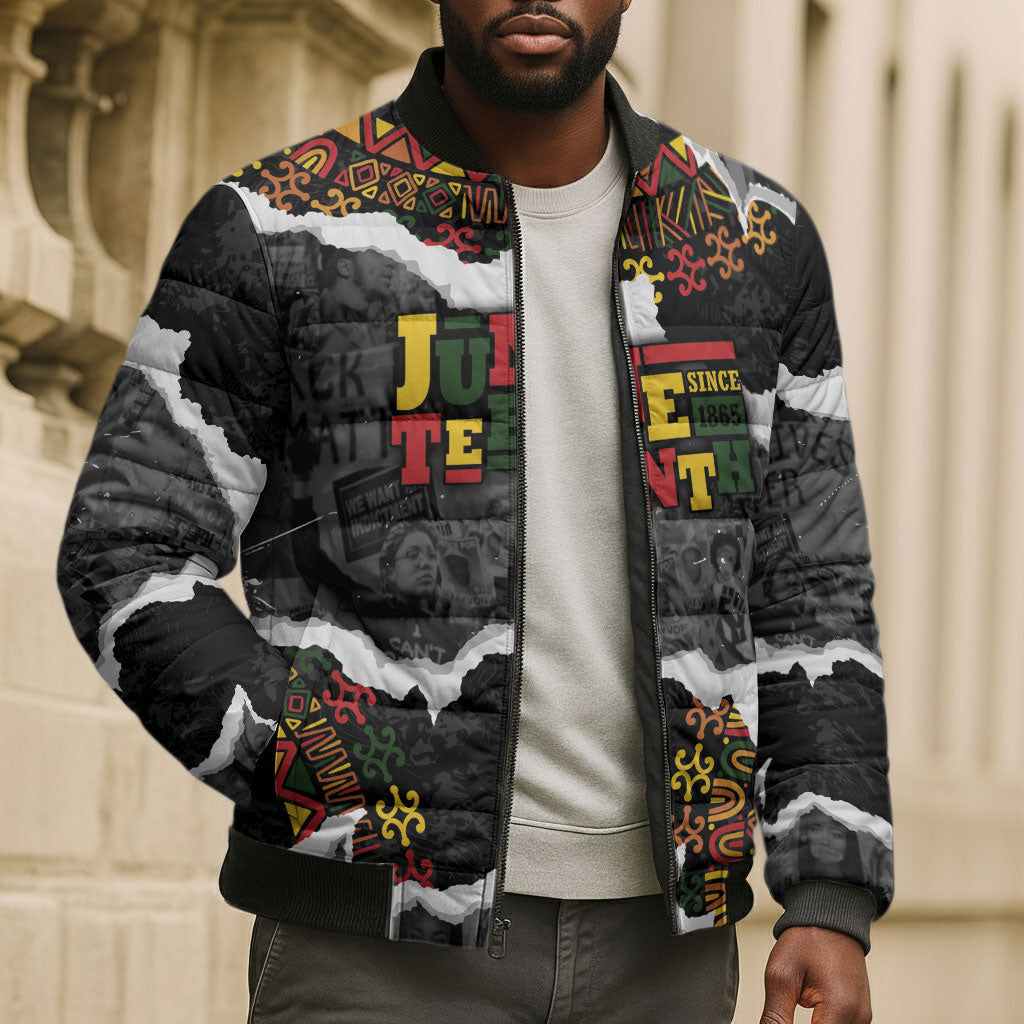 Juneteenth Freedom Day Personalized Grunge Ethnic Motif Bomber Puffer Jacket Black History