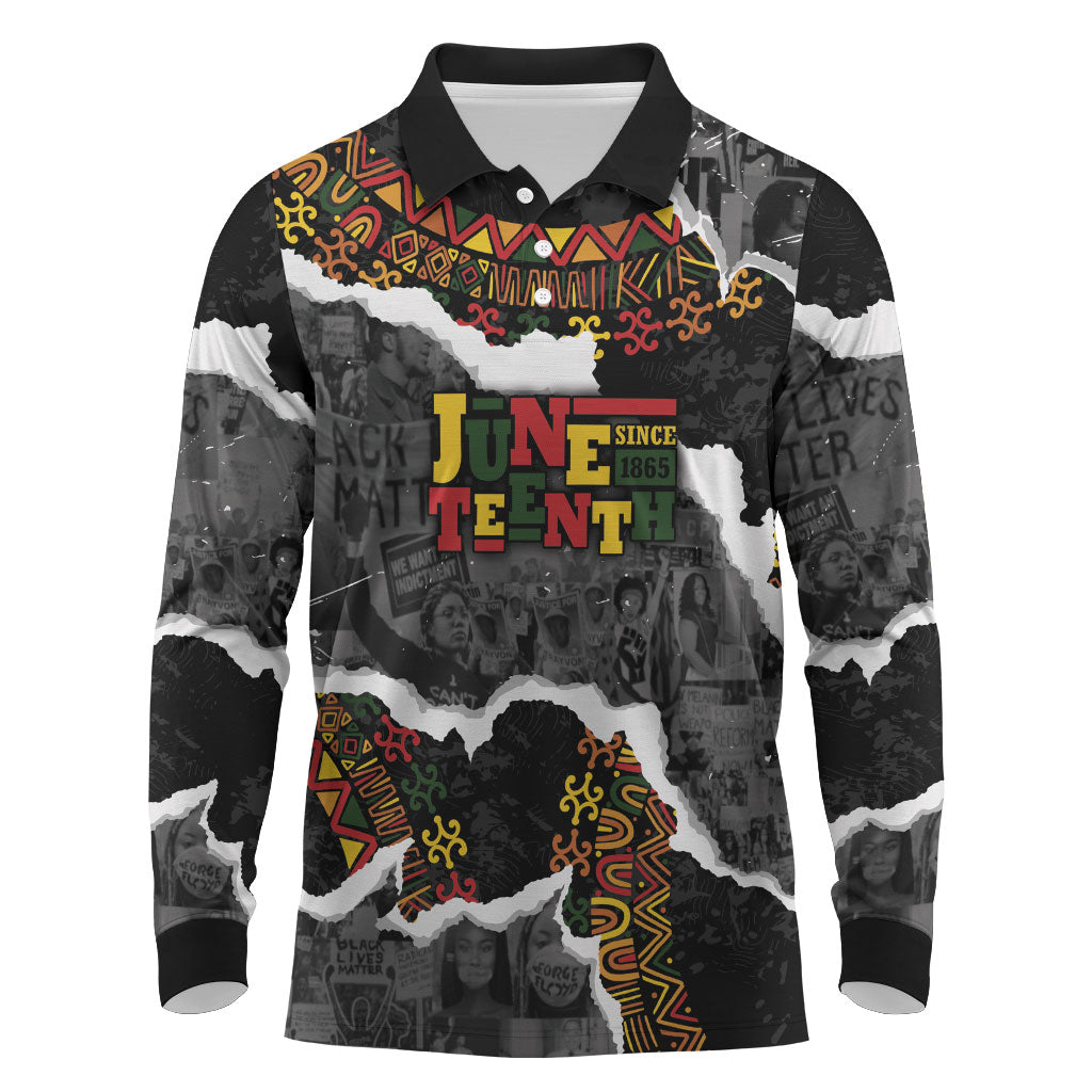 Juneteenth Freedom Day Personalized Grunge Ethnic Motif Long Sleeve Polo Shirt Black History