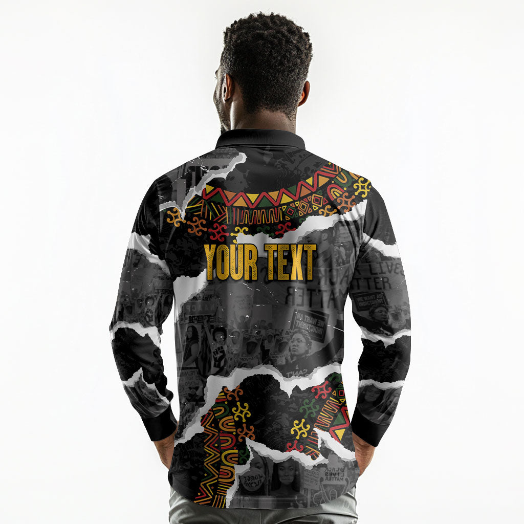 Juneteenth Freedom Day Personalized Grunge Ethnic Motif Long Sleeve Polo Shirt Black History