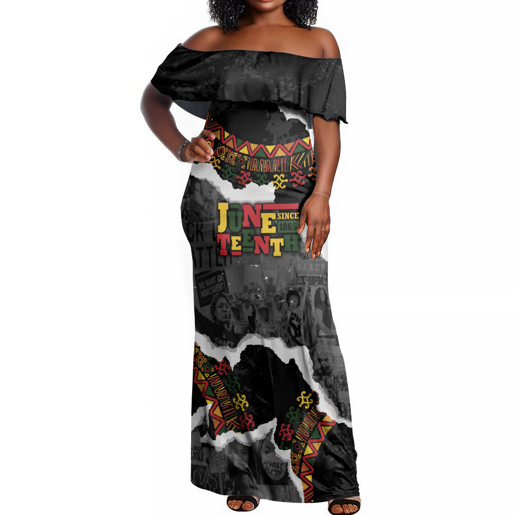 Juneteenth Freedom Day Personalized Grunge Ethnic Motif Off Shoulder Maxi Dress Black History