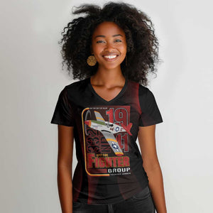Tuskegee Airmen 332nd Fighter Group Women V-Neck T-Shirt Spit Fire - African Pride