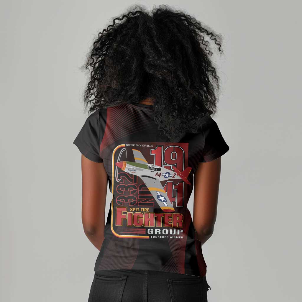 Tuskegee Airmen 332nd Fighter Group Women V-Neck T-Shirt Spit Fire - African Pride