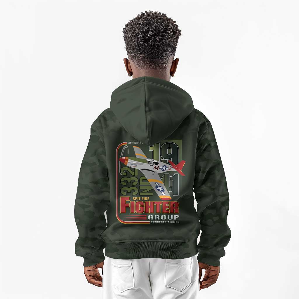 Tuskegee Airmen Camo Moss Green Kid Hoodie 332nd Spit Fire - African Pride