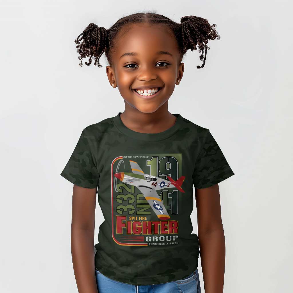 Tuskegee Airmen Camo Moss Green Kid T shirt 332nd Spit Fire - African Pride