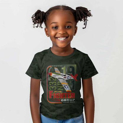 Tuskegee Airmen Camo Moss Green Kid T shirt 332nd Spit Fire - African Pride