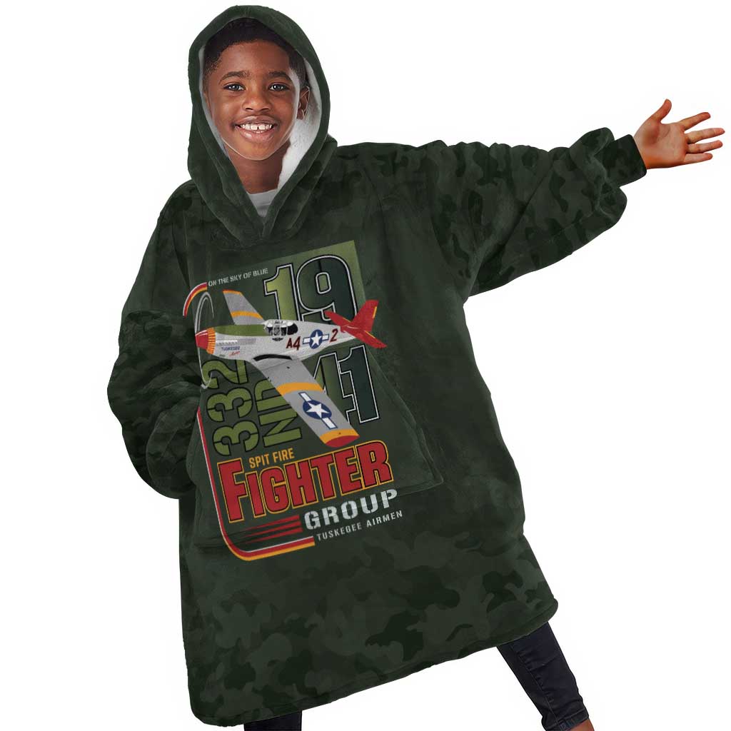 Tuskegee Airmen Camo Moss Green Kid Wearable Blanket Hoodie 332nd Spit Fire - African Pride