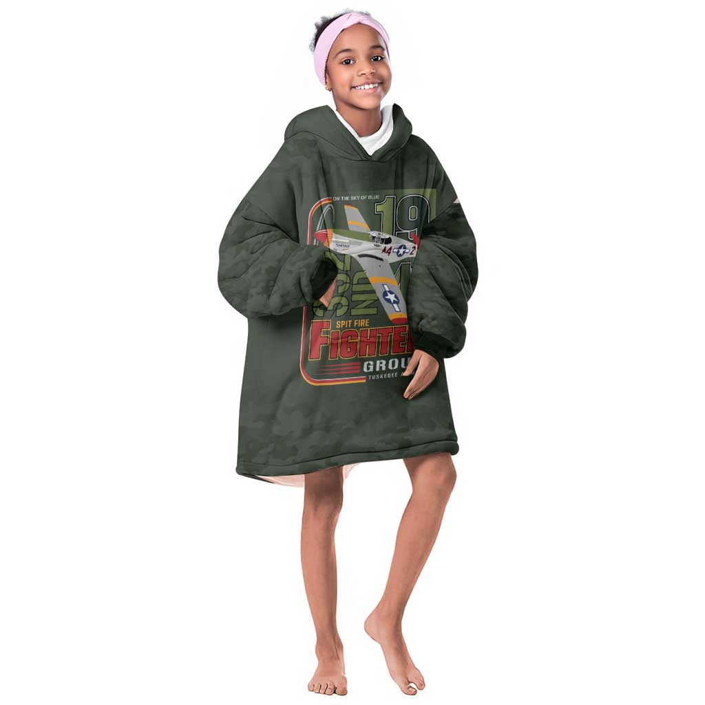 Tuskegee Airmen Camo Moss Green Kid Wearable Blanket Hoodie 332nd Spit Fire - African Pride